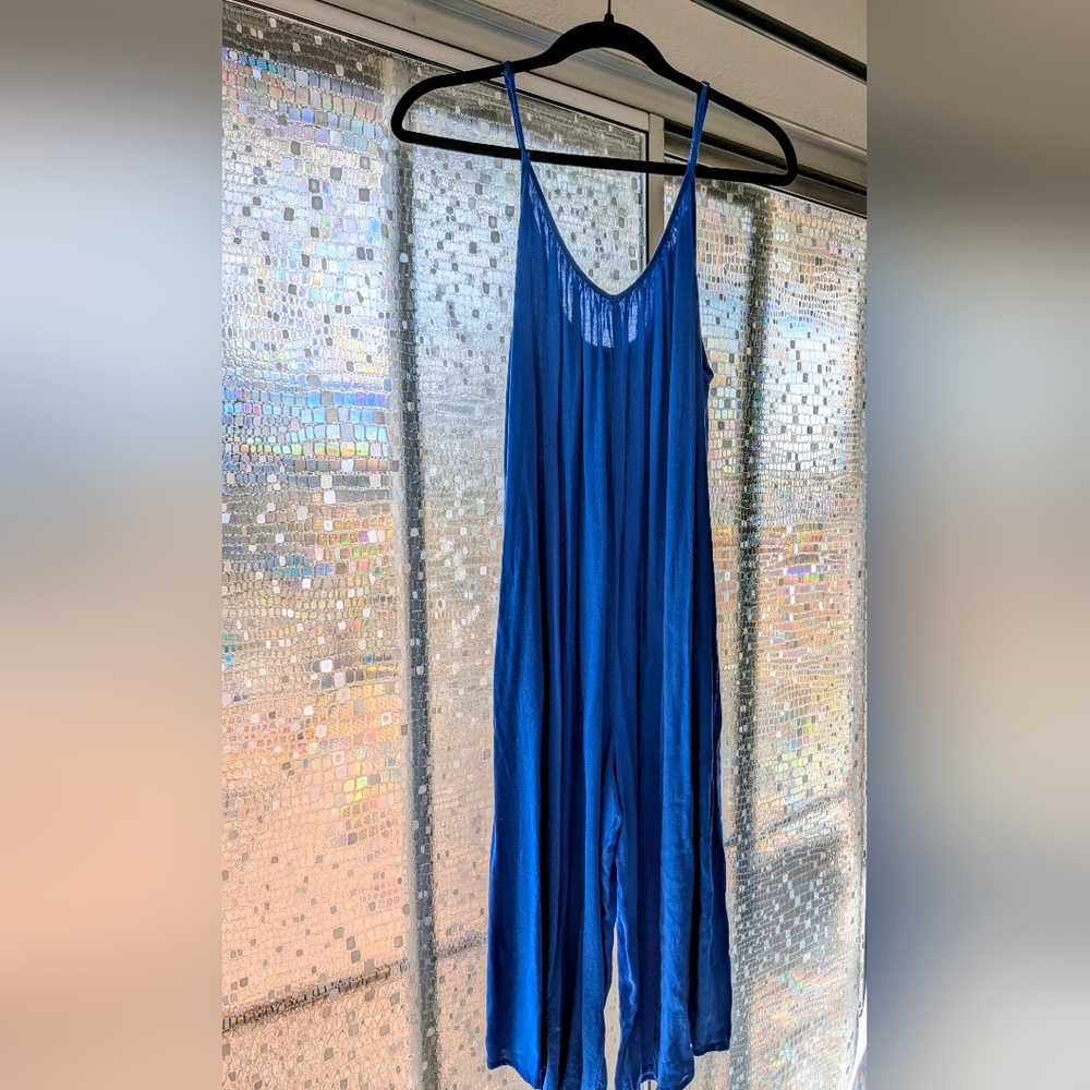 Blue Wide-Leg Jumpsuit - Lightweight Spaghetti Strap